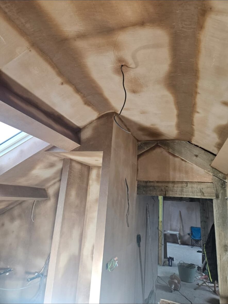 Oak-frame ceiling plastering by D Whitley Plastering